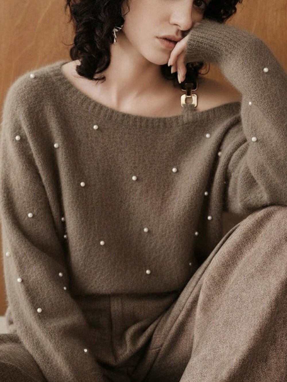 Mocha Brown Casual Women's Asymmetric Pearls Batwing Loose Knit Pullover - Picture 7 of 8